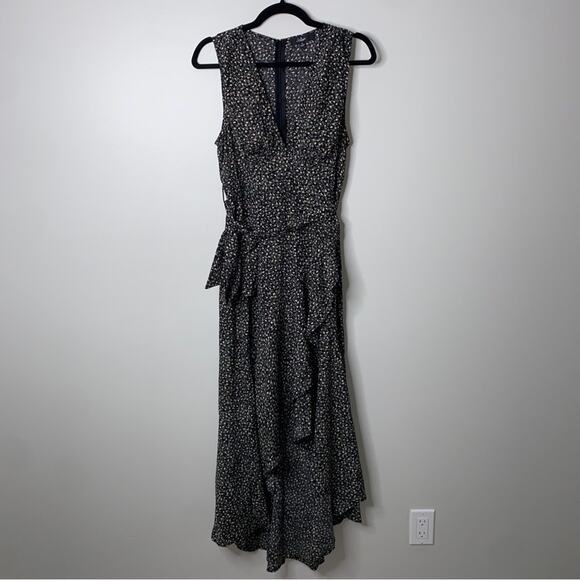 Lulus Fashion Find Black Ditsy Floral Print Ruffled Faux Wrap Midi Dress Medium - Picture 4 of 12